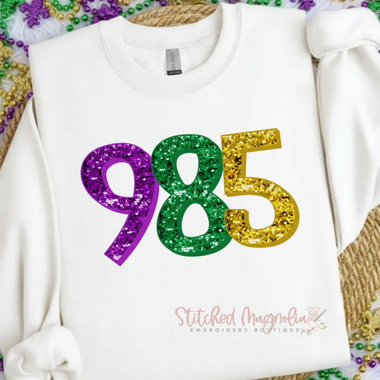 985 Louisiana Sweatshirt | Sequin Purple Green Gold Area Code | Northshore Madisonville Pride