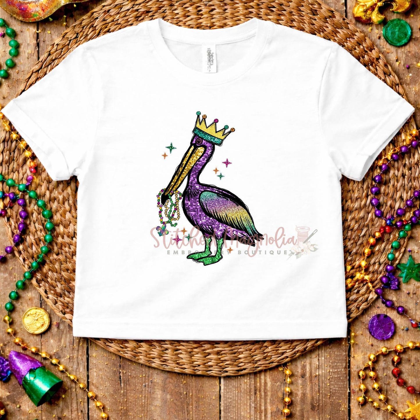 Mardi Gras Pelican Tee | Louisiana Pelican with Crown & Beads | Purple Green Gold Louisiana Pride Shirt