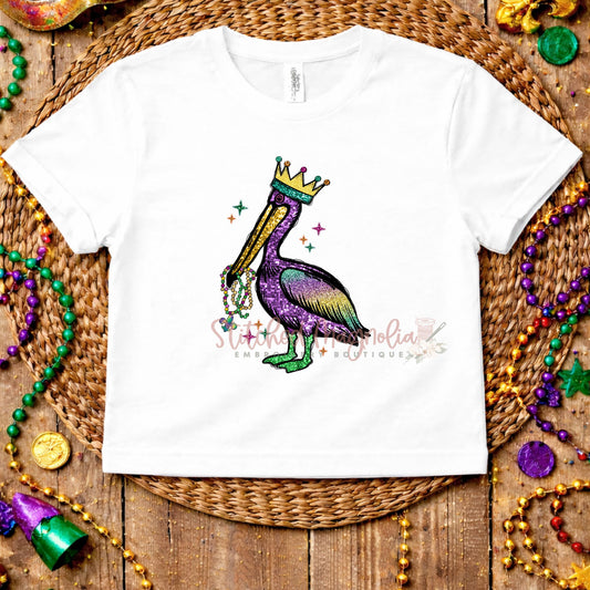 Mardi Gras Pelican Tee | Louisiana Pelican with Crown & Beads | Purple Green Gold Louisiana Pride Shirt