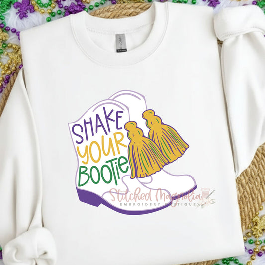 Shake Your Bootie Mardi Gras Sweatshirt | Marching Boots | Purple Boots with Gold Tassels | Purple Green Gold