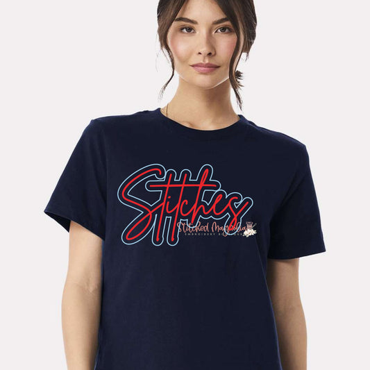 The Stitches Handwritten Script with Outline | Navy Tee | Red and Carolina Blue