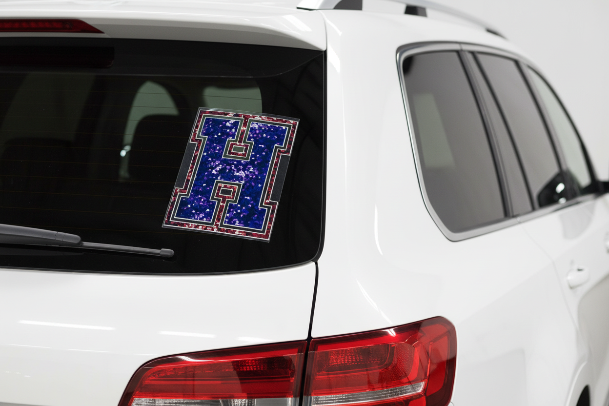Varsity letter transfer on white SUV rear window