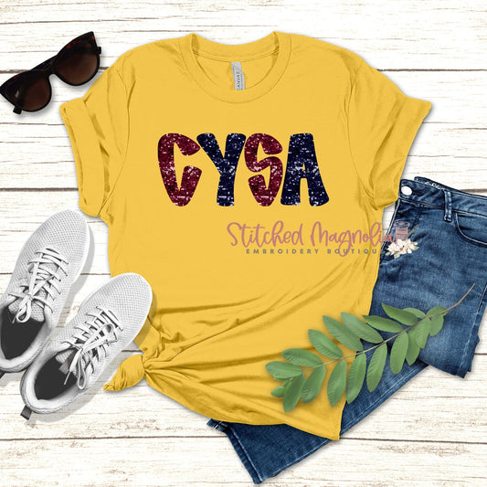 CYSA Glitter T-Shirt - Yellow with Navy & Maroon Faux Sequin Design